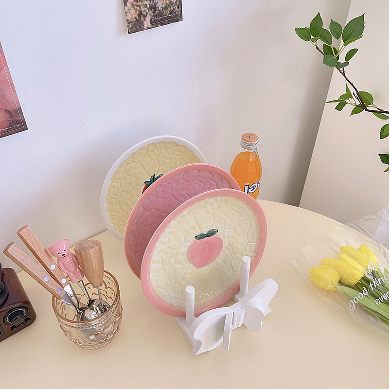 Kawaii Relief Peach Strawberry Ceramic Plate Retro Lovely Pink Breakfast Cake Snack Fruit Dessert Decorative Kitchen Tableware