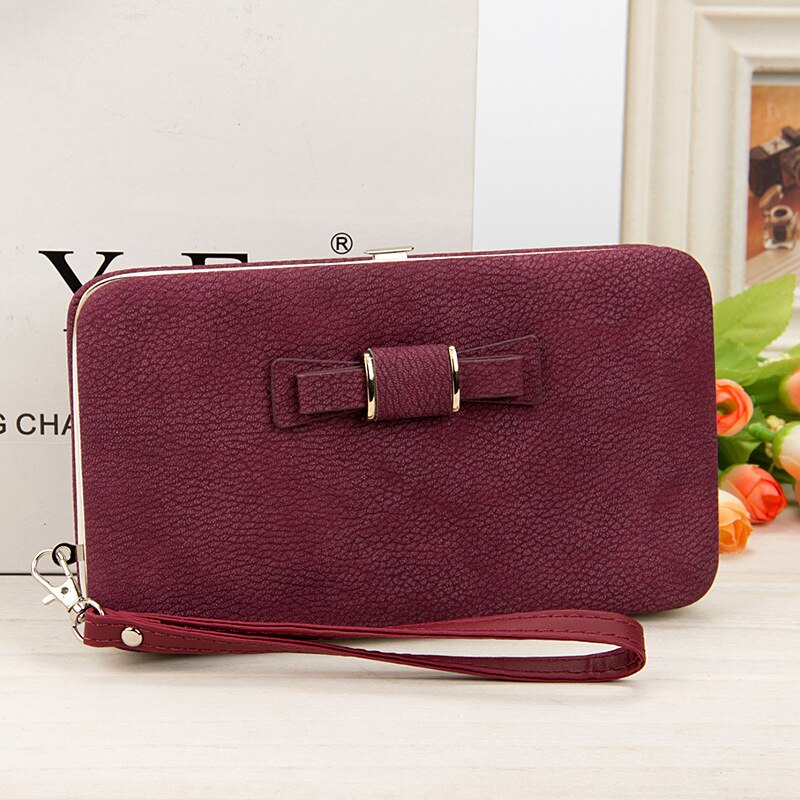 Women Bowknot Wallet Long Purse Phone Card Holder Clutch Large Capacity Pocket: Dark Purple