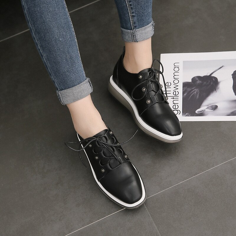 Damskie buty Derby na wszystkie mecze obuwie damskie płytkie usta brytyjskie casualowe buty sportowe drewniaki platforma okrągłe Toe skórzane lato