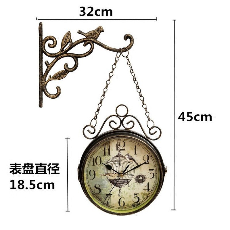 Antico giardino esterno stazione da parete orologio in metallo a doppia faccia uccello Vintage ▾ retrò tondo montaggio a parete appeso decorazioni per la casa