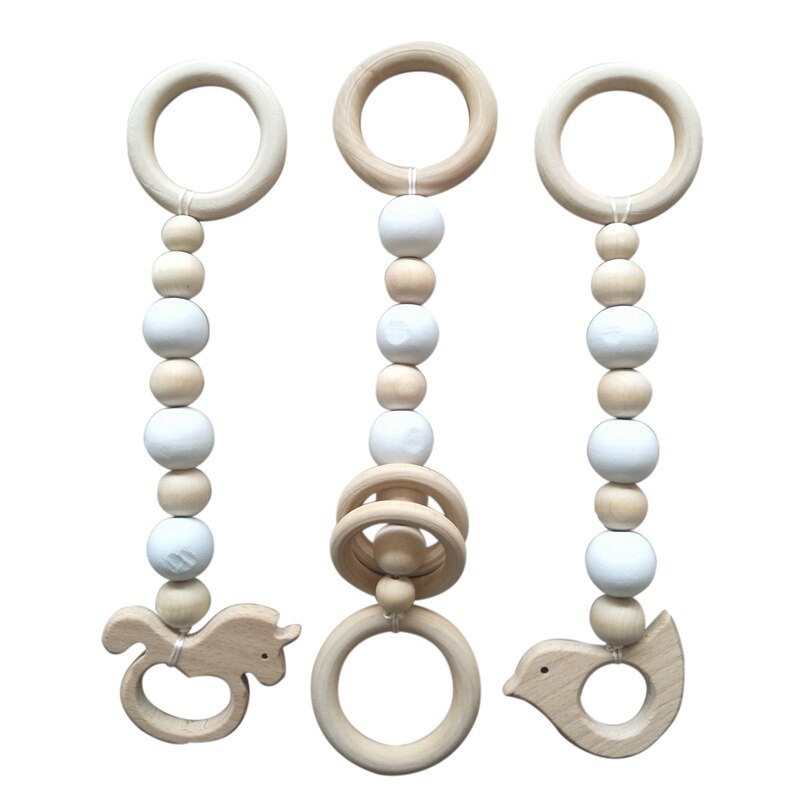 3Pcs Holz Ring Baby Beißring Aktivität Spielen Gym Perlen Tier Anhänger Rasseln Baby Spielzeug Schutz Sensorischen Spielzeug: Default Title