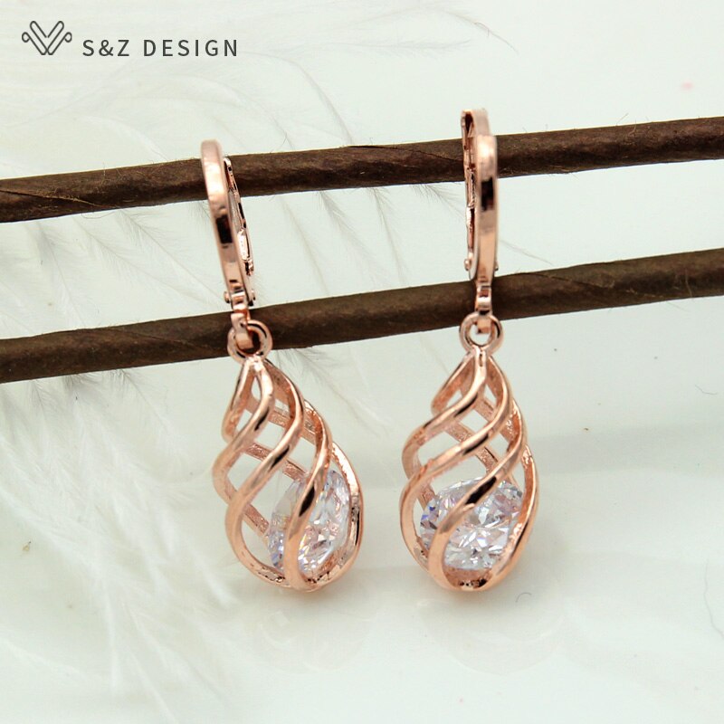 S &amp; Z Spiraal Hollow Water Dangle Zirkoon Oorbellen 585 Rose Goud Kleur Sieraden Set Voor Vrouwen anti-Allergie Eardrop