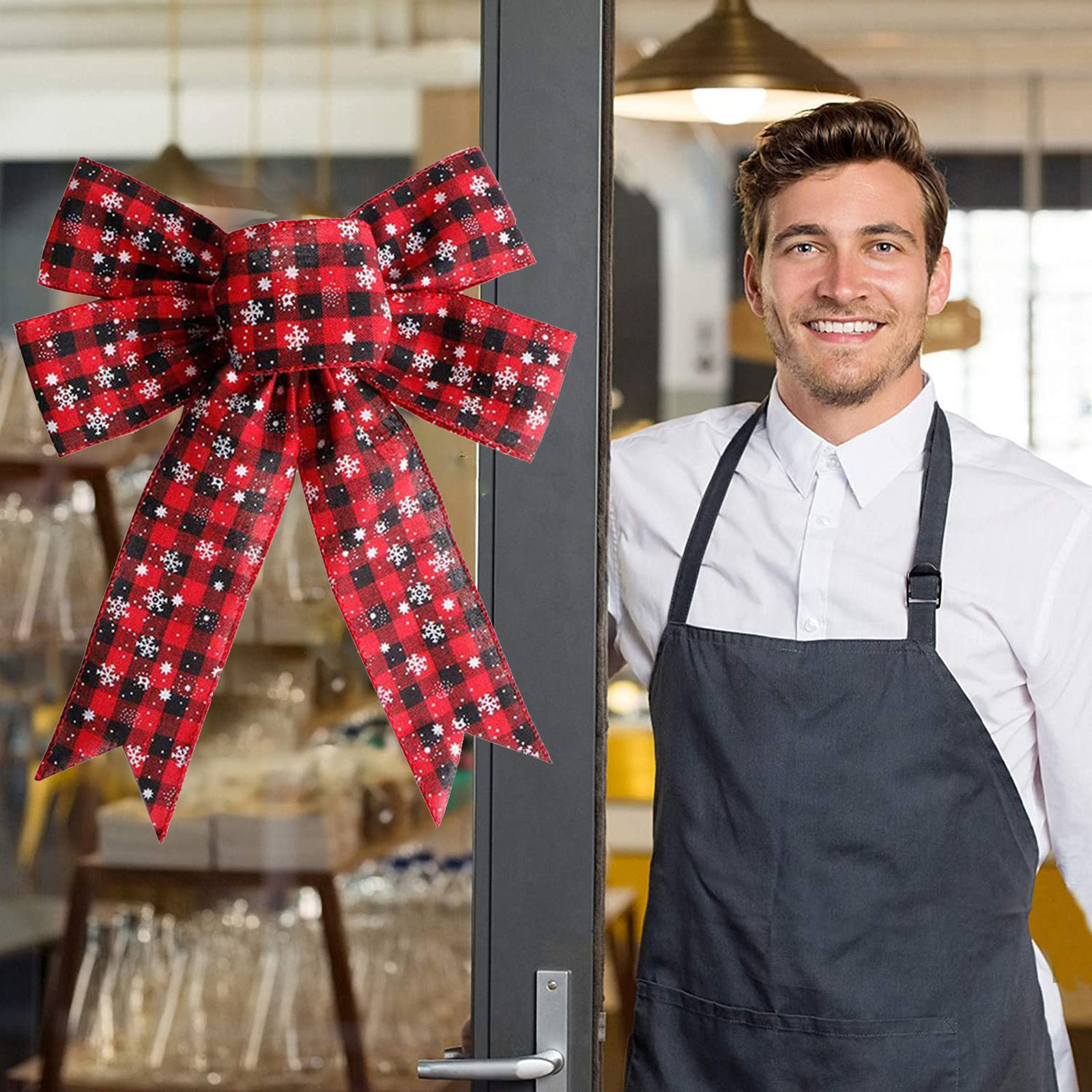 Kerst Rooster Boog Decoratie Met Plaid Patroon Sneeuwvlok Craft Maken Party Ornament Voor Xmas