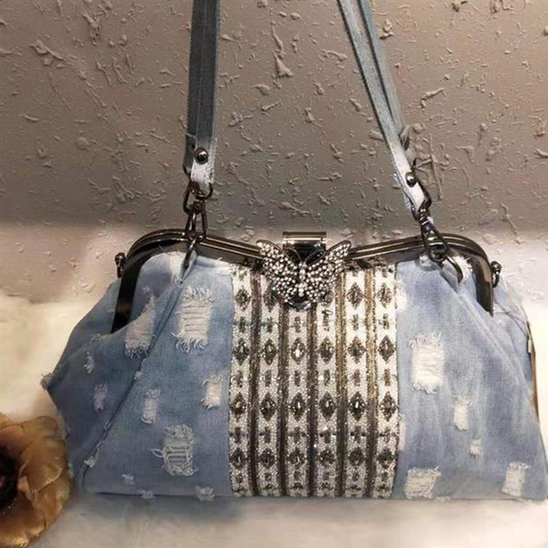 Denim strass cristal femmes sac à main poignée supérieure papillon décoration Patchwork sacs femmes sac à bandoulière embrayage