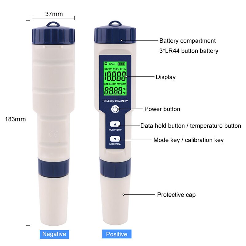 Monitor Digital de del agua 5 en 1, TDS/EC/PH/salinidad/temperatura, probador para piscinas, agua potable, acuarios