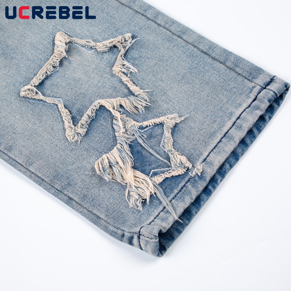 Star Patch Embroidery Denim Pants Mens High Street Flared Pants Streetwear Distressed Loose Casual Jeans Trousers Men