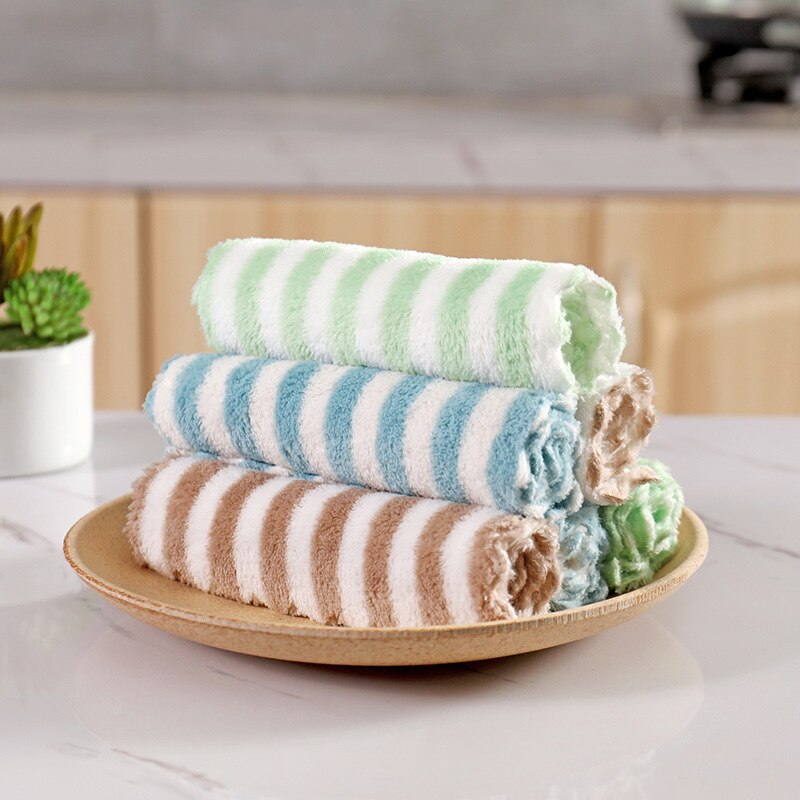 3 stk rengøringshåndklæde multifunktionel opvaskeklud anti-fedt klud bølge / stribe tilfældig farve køkken rag koral fløjl: Stribe