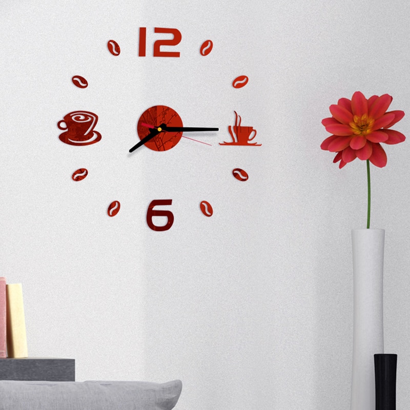 Horloge murale à Quartz à effet miroir 3D, auto-adhésive, moderne, Art acrylique, silencieuse, décoration pour la cuisine, tasses de café
