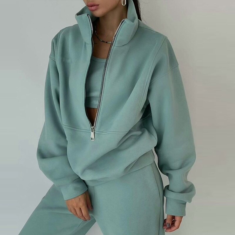 Casual Oversized Polo Zipper Sweatshirts And Trouser Tracksuits Set Women Fleece Two Piece Set Spring Winter Sports Warm Suit
