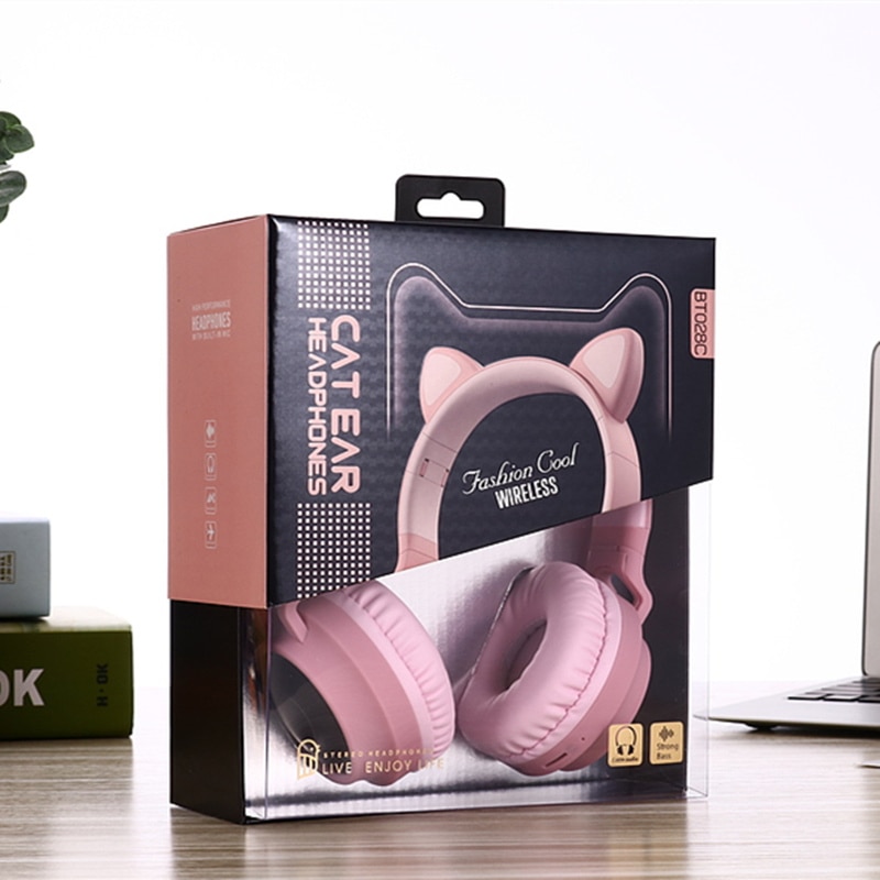 Cute Cat Bluetooth 5.0 Headset Wireless Hifi Music Stereo Bass Headphones LED Light Mobile Phones Girl Daughter Headset For PC: pink with box