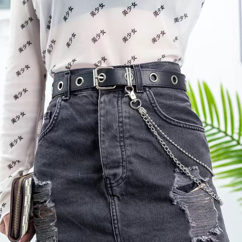 Punk stil kæde talje bælte til jeans kjole pu læder kvindelige damer rock stil luksus mærke rem bælter