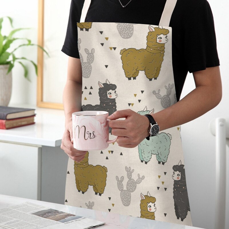 1pc Cute Alpaca llama Printed Apron Cotton Linen Sleeveless Aprons Household Cooking Baking Waist Bib Kitchen Pinafore 53*65cm