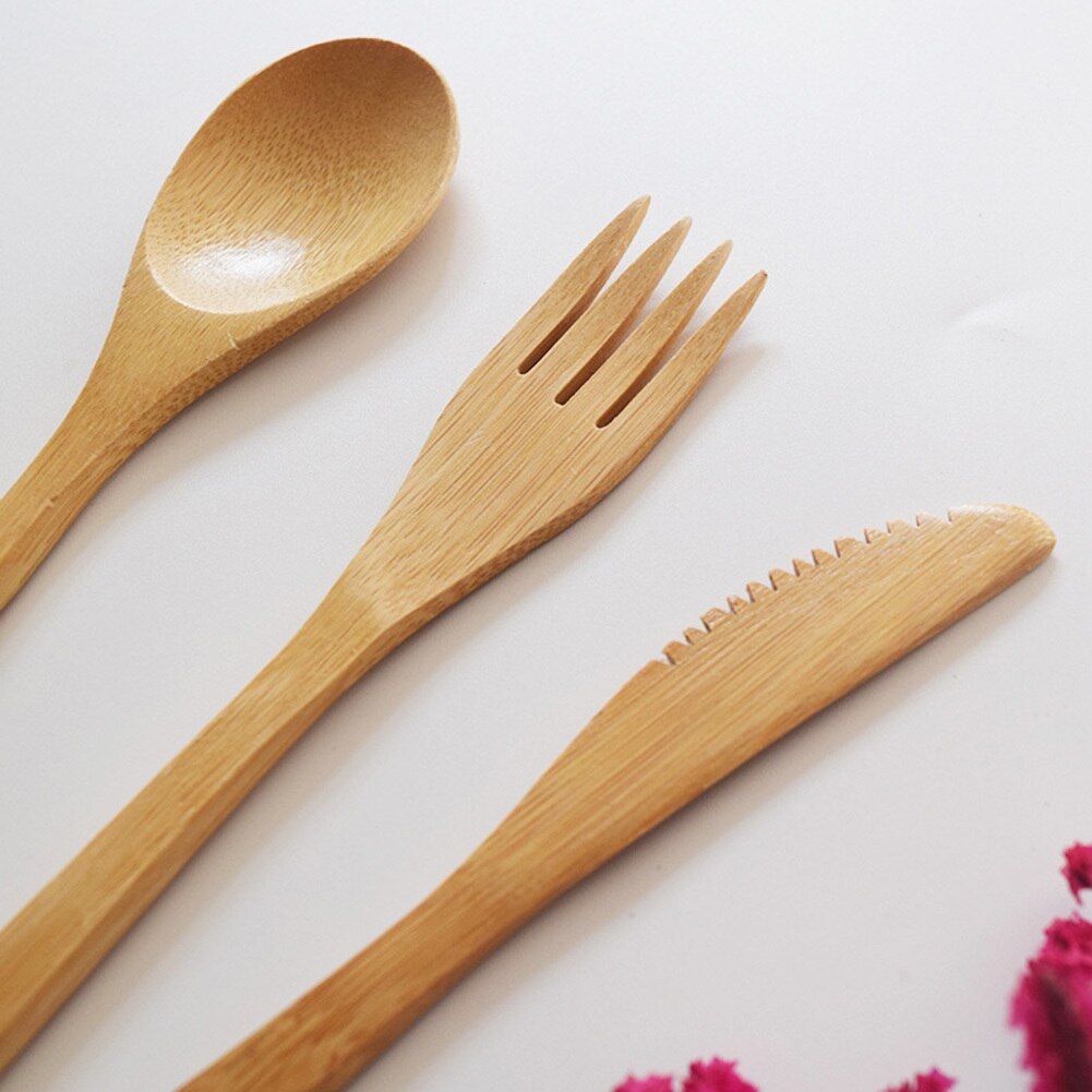 3 stk bambus ske gaffel spisepinde kit bambus køkken køkkenredskaber værktøj suppe teskefuld catering med taske