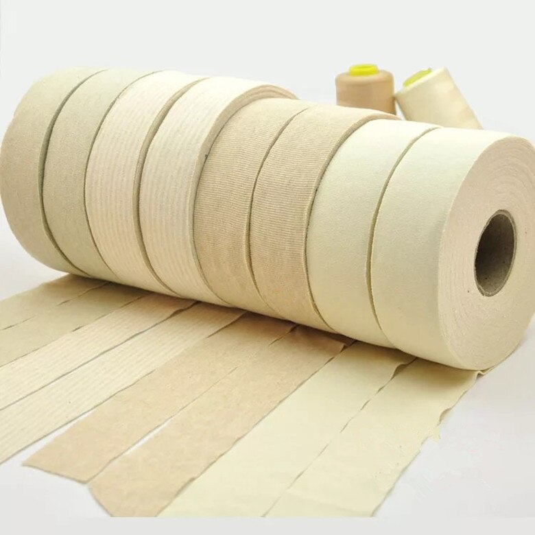 Natural Colour Organic Cotton Ribbon Fabric 40 mm Natural white Brown stripe color 100 meters for baby clothes cuffs and neck