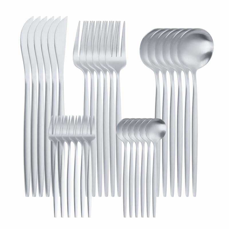 30 Pcs Matte Flatware Tableware Fork Knive Spoon Stainless Steel White Golden Cutlery Set Home Kitchen Tableware Set Dinnerware: silver 30pcs