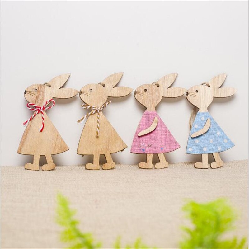 4pcs/set 7*11cm Easter Rabbit Wooden Decoration DIY Wood Hanging Crafts Cute Bunny Easter Ornaments Party Supplies Wood Crafts