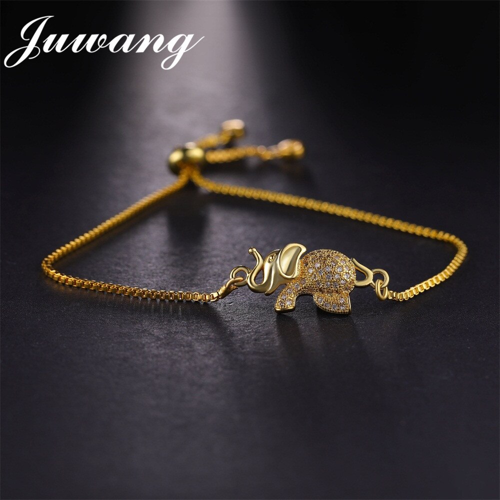 JUWANG Cute Animal Elephant Charm Bracelet Adjustable Chain Link Woman Girl Bracelets & Bangles Cubic Zircon Jewelry: gold