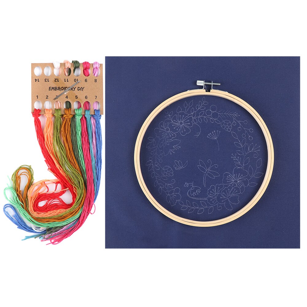 Starter Kit Embroidery Hoop Kit Sewing Craft Kit Needlework Tools Round Printed Flowers Plants Pattern Diy Handwork Threads Tool
