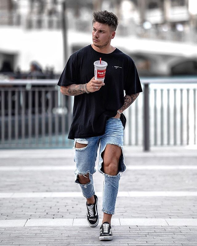 Män knä stora hål slitna skinny jeans streetwear hip hop manlig bomull casual jogger blå stretch jeansbyxor