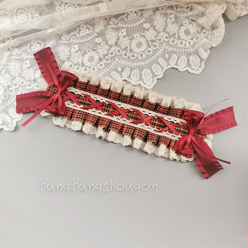 Diadema de pelo de Lolita hecha a mano, tocado de Caperucita Roja, adorno de pelo con lazo de encaje, diadema roja de vino para Cosplay