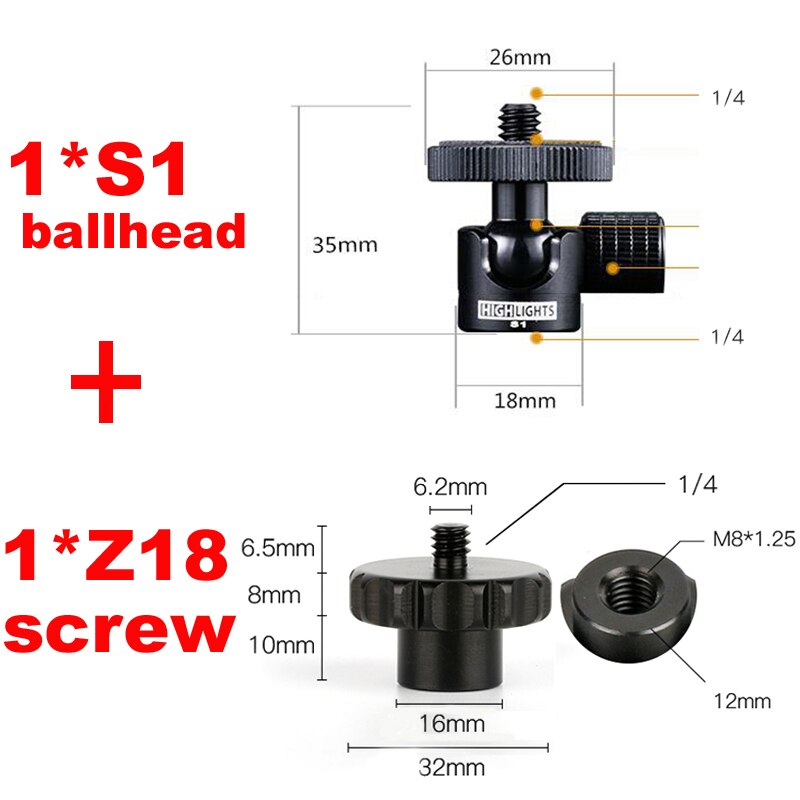 1/4 to 3/8 schroef snelspanadapter montage basis statief centrale as centrale buis lagerplaat en kogelkop verbinden monopod: 1 s1 balhoofd 1 z18