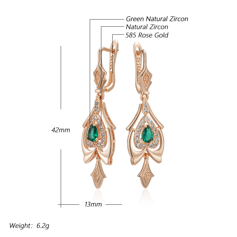 Kinel-pendientes de gota finos para mujer, Color oro rosa 585, flor de cristal, accesorios de circón Natural verde, joyería Vintage diaria