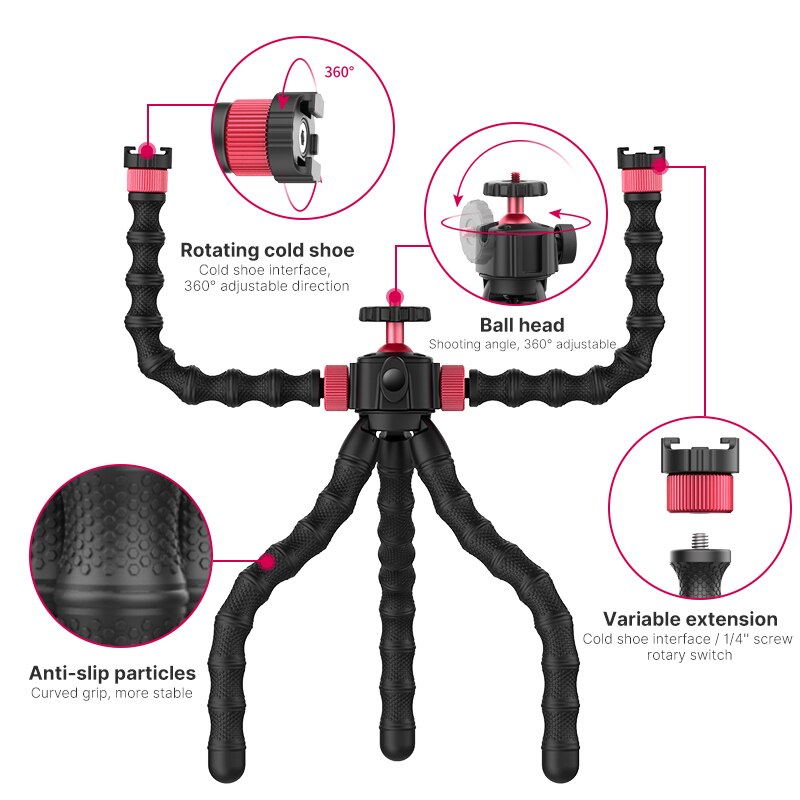 Ulanzi-trípode de pulpo Flexible, monopié de MT-52 con soporte de doble brazo, 1/4 tornillo de extensión, Zapata fría, para cámara de teléfono inteligente