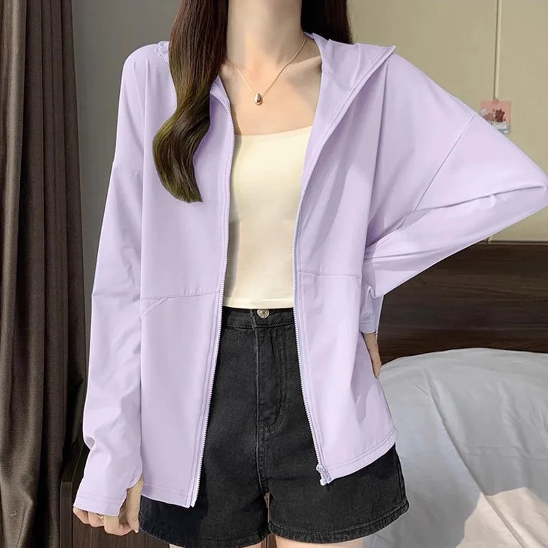 Summer Thin Ice Silk Sun Protection Jacket Women Korean Solid Basic Loose Hooded Cardigan Loose All Match Jogging Sports Tops