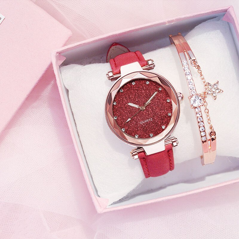 Dameur rhinestone romantisk stjernehimmel armbåndsur dame læderur ur til kvinder relogio feminino montre femme