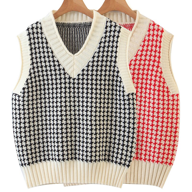 Novalya Preppy Style V Neck Sweaters Women Houndstooth Sweater Women Sleeveless Sweaters Female Ladies HT