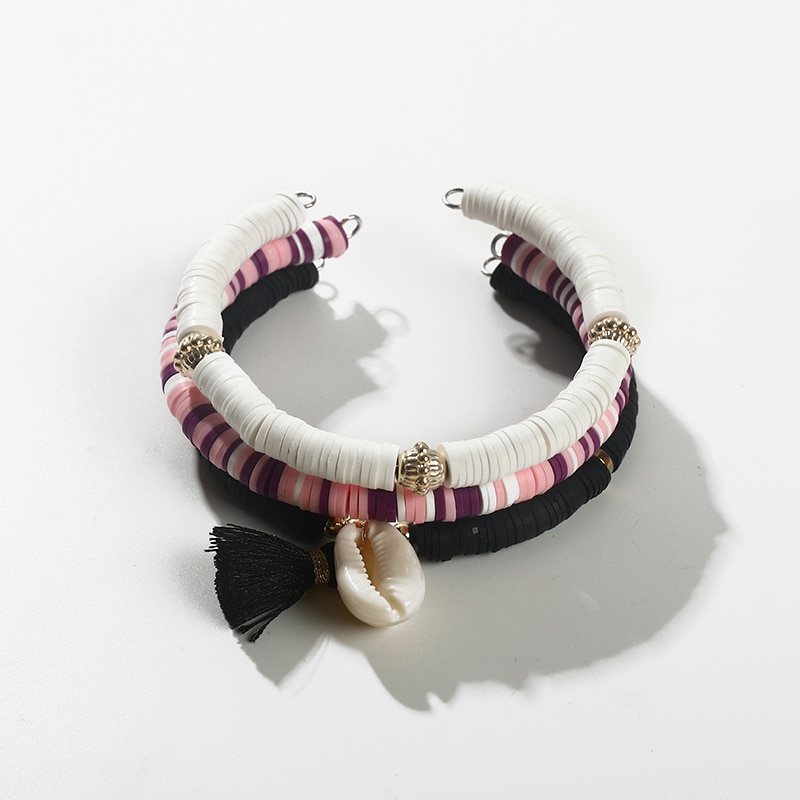 3pcs/Set Polymer Clay Bnagle Beads Tassel Shell Bracelets Summer Beach Jewelry Colorful Stacking Heishi Bracelet For Women Men