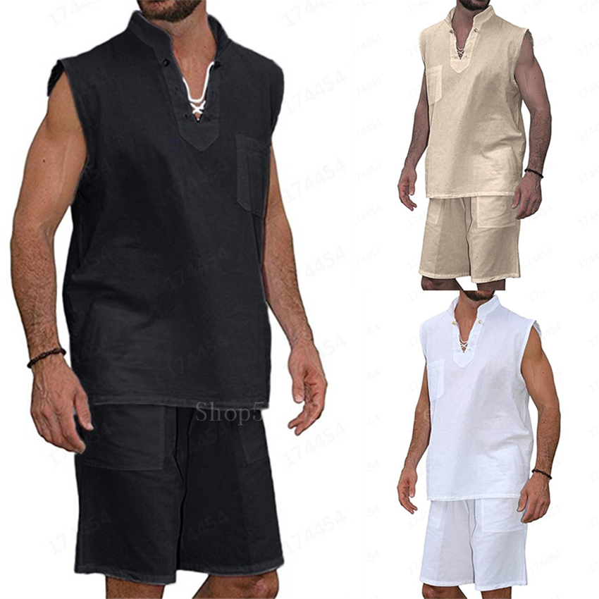 2 Stuks Retro Man Viking Piraat Kleding Middeleeuwse Stage Effen Linnen Shirt V-hals Mouwloze Bandage Tee Casual Renaissance Nordic
