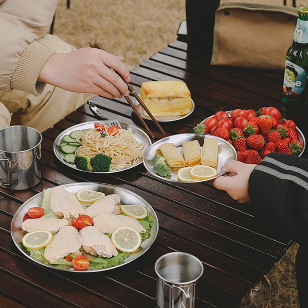 Tallerkener i rustfrit stål campingtallerkener genanvendelige middagstallerkener fodring serveringsservice til udendørs camping vandreture picnic grill