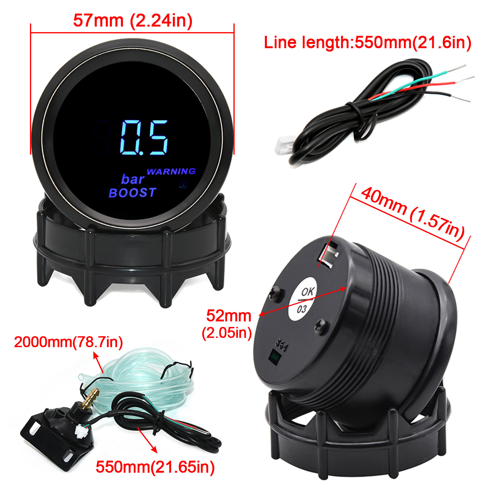 Auto Digital Manometer 52mm Turbo Schub PSI Bar Öl Druck Öl Wasser Temp Messgerät Voltmeter Tachometer RPM Meter Mit warnung Licht