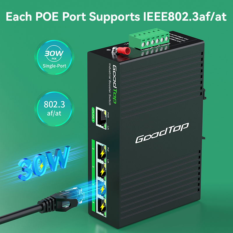 Goodtop industrial 5 portas gigabit poe switch dc12v/24v a 48v poe, energia poe compacta para energia solar/caminhão rv/sistemas voip