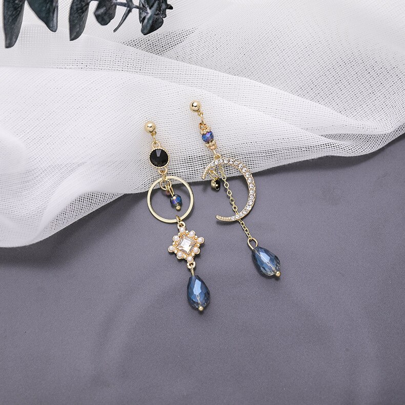 Vintage blå krystal moon fringe drop øreringe til kvinder asymmetriske drop ørering luksus smykker: Default Title