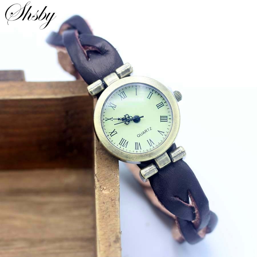 Shsby simple unisex roma vintage horloge met leren band en armband, twist cross dameshorloges, bronzen dameshorloge