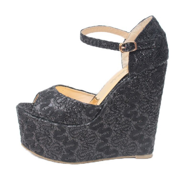 Zomerse kant bruiloft feest schoenen dames sandalen 15 cm hoge hakken sandalen dames open teen platform wedge pumps dames wsh 2597