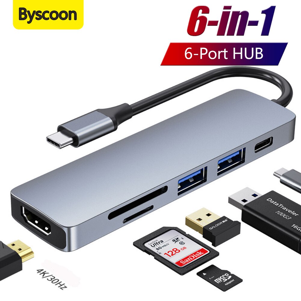 Byscoon Type C HUB 6 In 1 Docking Station For Huawei MateBook X Pro USB C To USB 3.0 PD 3.0 SD/TF Card 4K HDMI Audio Adapter