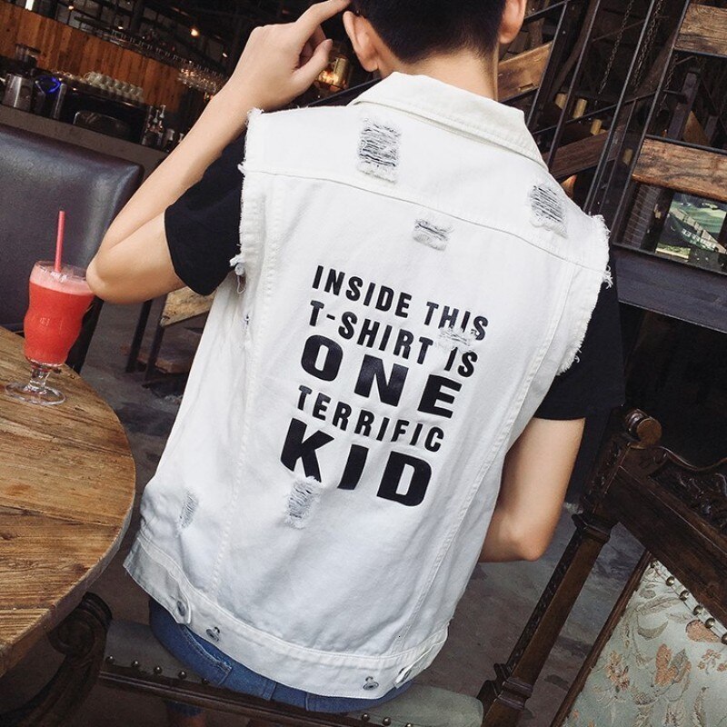 Neue Frühjahr knapp Gedruckt Mens ärmellos Denim Westen Einreiher See Zerrissene Dünne Männlichen Westen Plus Größe