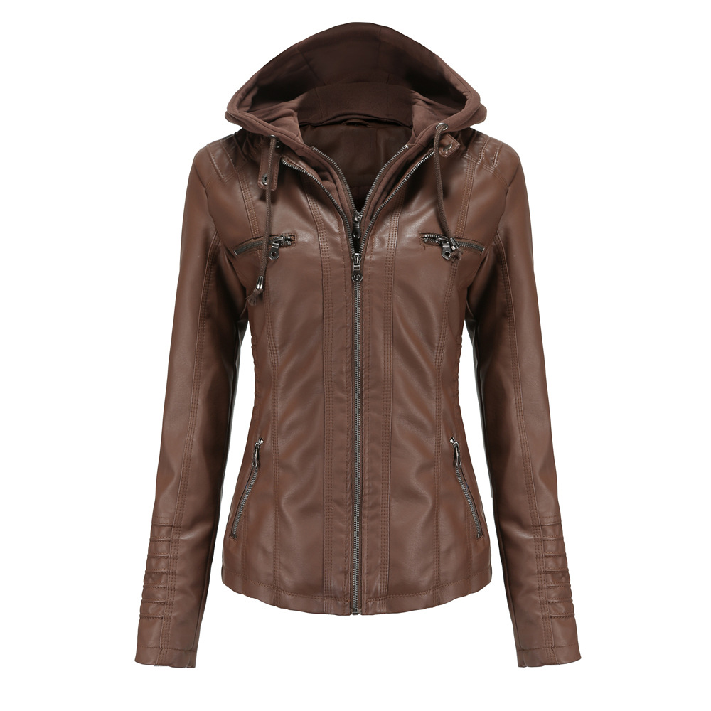 YJKDYK 2025 Lente Herfst vrouwen Lederen Jassen Capuchon Afneembare Rits Jas Vrouwelijke Zak Pure Kleur Motorjas: M / CAMEL