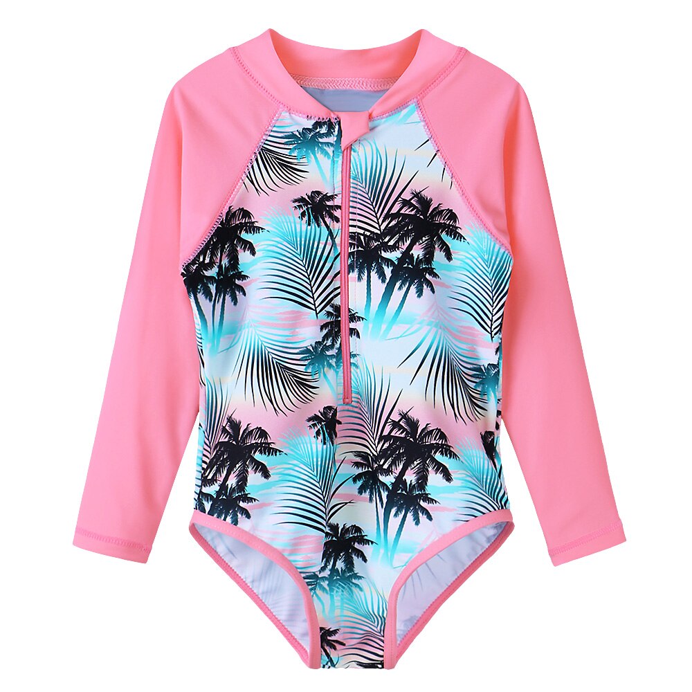 BAOHULU Round Collar Girls Swimsuits Green Pink Print Girls Swimwear Beach Bikini One Piece Long sleeves Swimwear for children