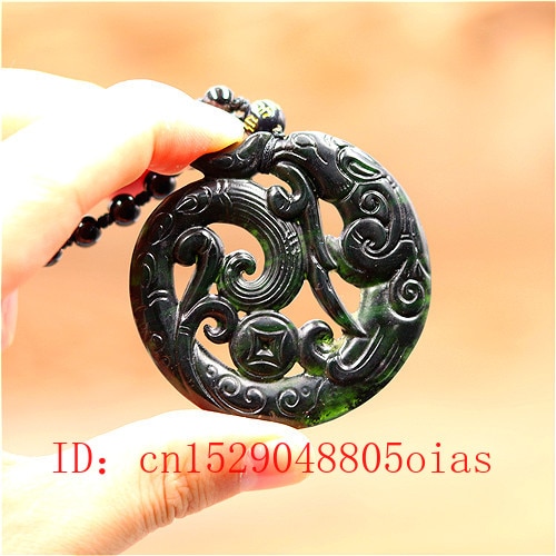 Chinese Natural Black Green Jade Phoenix Pendant Beads Necklace Charm Jewelry Double-sided Hollow Carved Amulet for Her