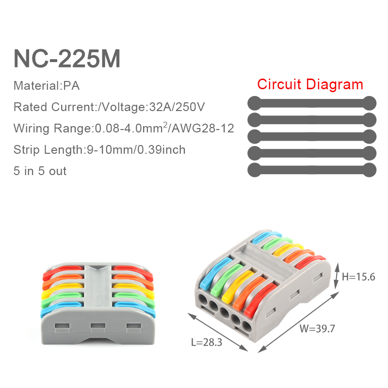 5Pcs Universal Compact Wire Connector SPL 222 2/3/4/5Pin Conductor Wiring Terminal Block Plug-in Quick Connectors with Lever: 5PCS NC-225M