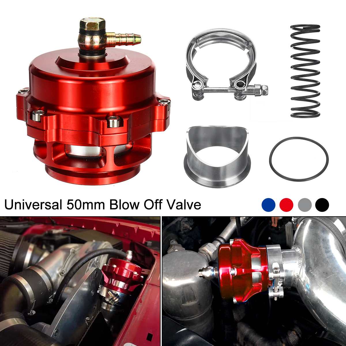 Válvula de descarga Turbo de aleación de aluminio de 50mm de gran , abrazadera de banda en V BOV de ventilación 360, aumento de 35psi con anillo en O de resorte