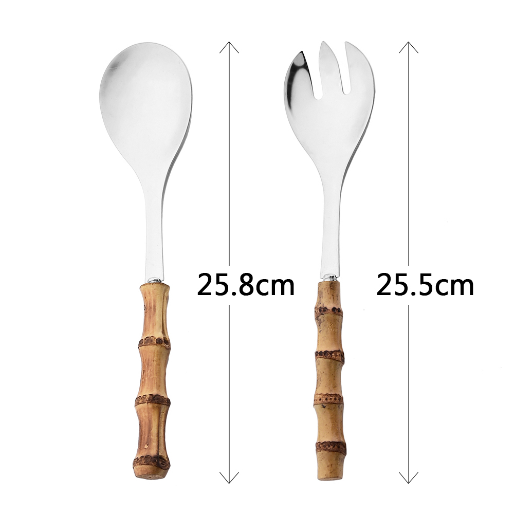 Juego de cubiertos de cocina con mango largo, cuchara para ensalada, tenedor, vajilla de acero inoxidable, mango de madera de bambú, 2/4 Uds.