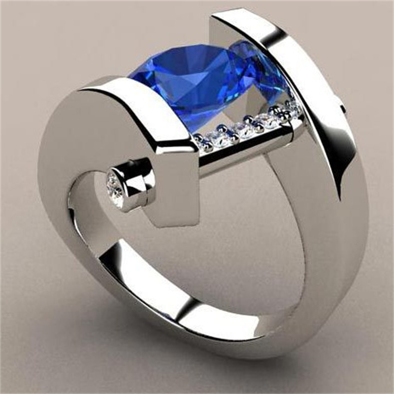 Rings for Women Silver Color Round Metal Inlaid Blue White Zicron Stones Ring Wedding Jewelry: 6