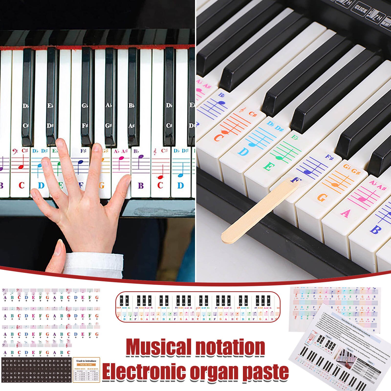 25/49/61/76/88 Color Transparent Piano Keyboard Stickers Electronic Keyboard Key Piano Stave Note Sticker Symbol For White Keys