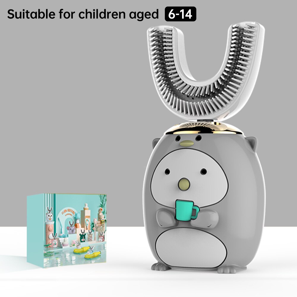 Smart 360 Degress U Sonic Electric Toothbrush Kids Silicone Automatic Ultrasonic Tooth Brush Children Blue Light Teeth Brush: Penguin Gray 6-14