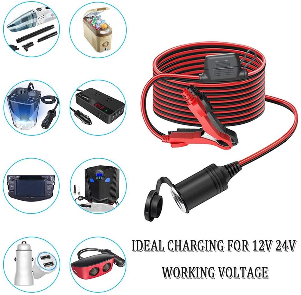 10ft/3m 12v 24v alligator batteriklämma till cigarettändare hona/hane-uttag förlängningssladd för bilväxelriktare